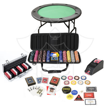 One Eyed Jack Casino Royale Poker Room, with 4ft Round Poker Table, Casino Royale The Collector 500 Chips Set, Premium 2 Deck Shuffler, 40 Ceramic Plaques Set, Premium Dealer Button & All In Triangle