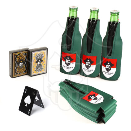 Jack's Home Party Pack - Long Coozies (set of 3) + Sea Dog Playing Cards (set of 2) + 1 SS Black Opener Combo, One Eyed JackJack's Home Party Pack - Long Coozies (set of 3) + Sea Dog Playing Cards (set of 2) + 1 SS Black Opener Combo