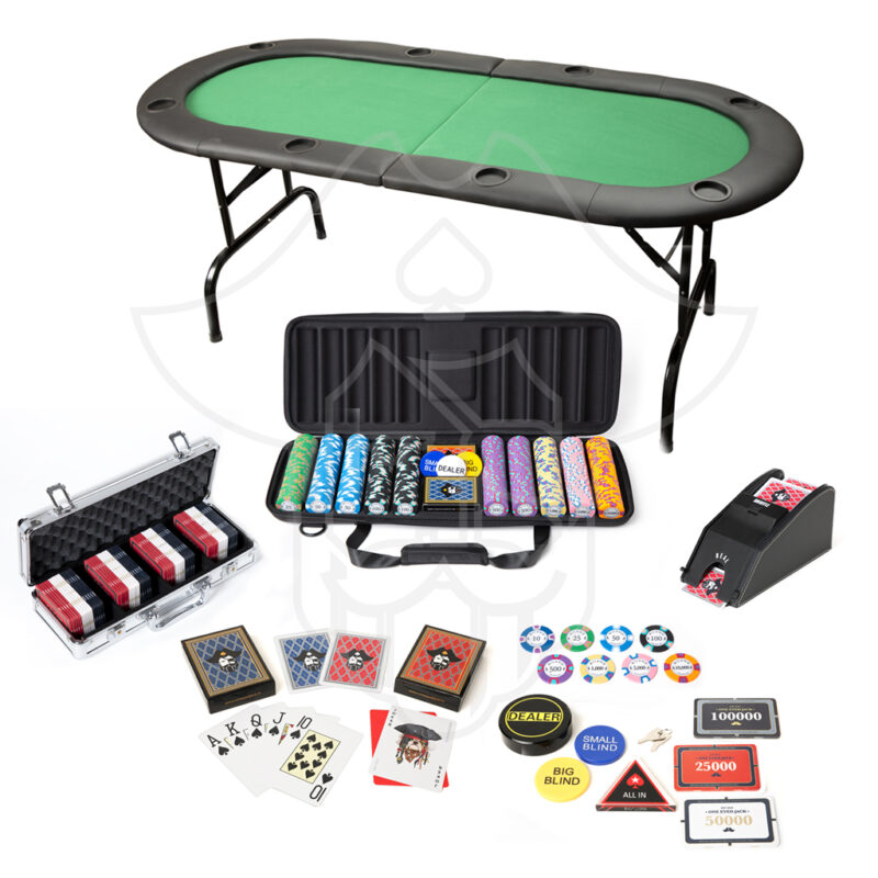 One Eyed Jack Milano Poker Room, with 8ft Poker Table, Milano The Collector 500 Chips Set, Premium 2 Deck Shuffler, 40 Ceramic Plaques Set, Premium Dealer Button & All In Triangle